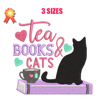 Tea Books & Cats Machine Embroidery Design